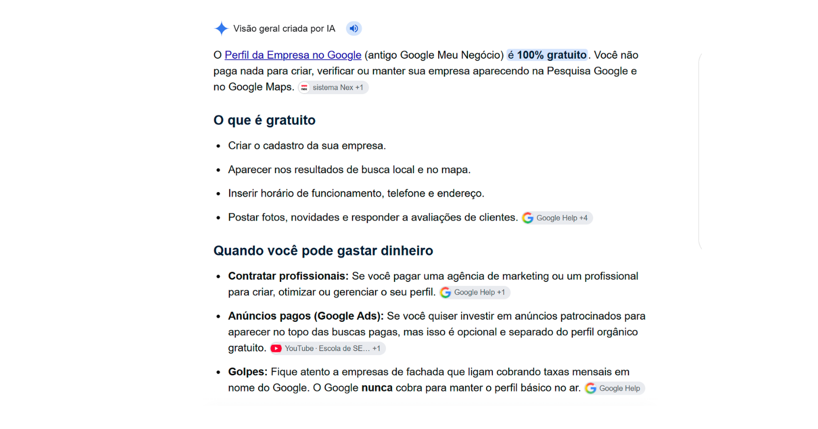 Resposta do Google confirmando que o Perfil da Empresa e gratuito