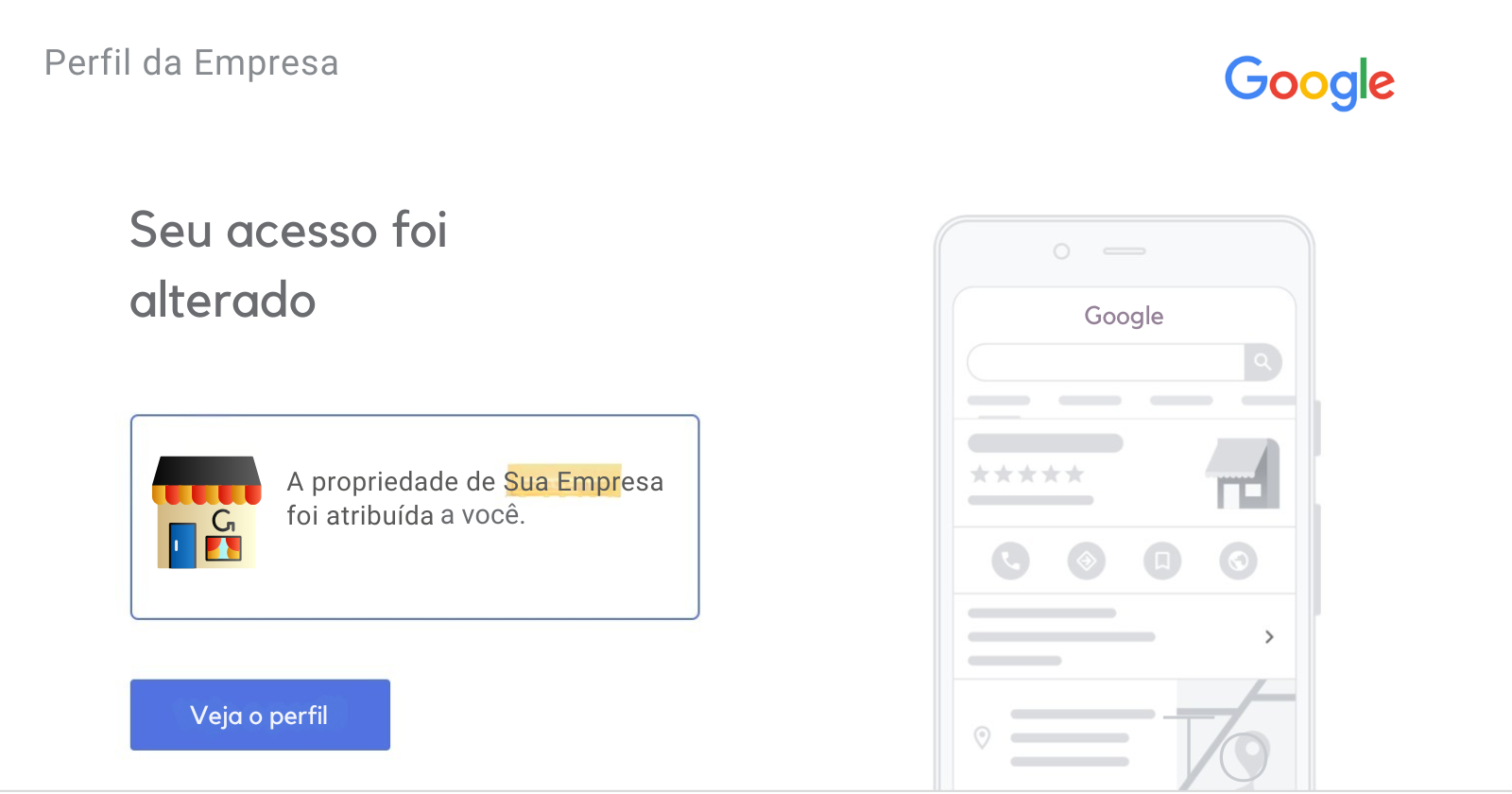 Tela do Google confirmando que a propriedade do perfil foi atribuida a voce