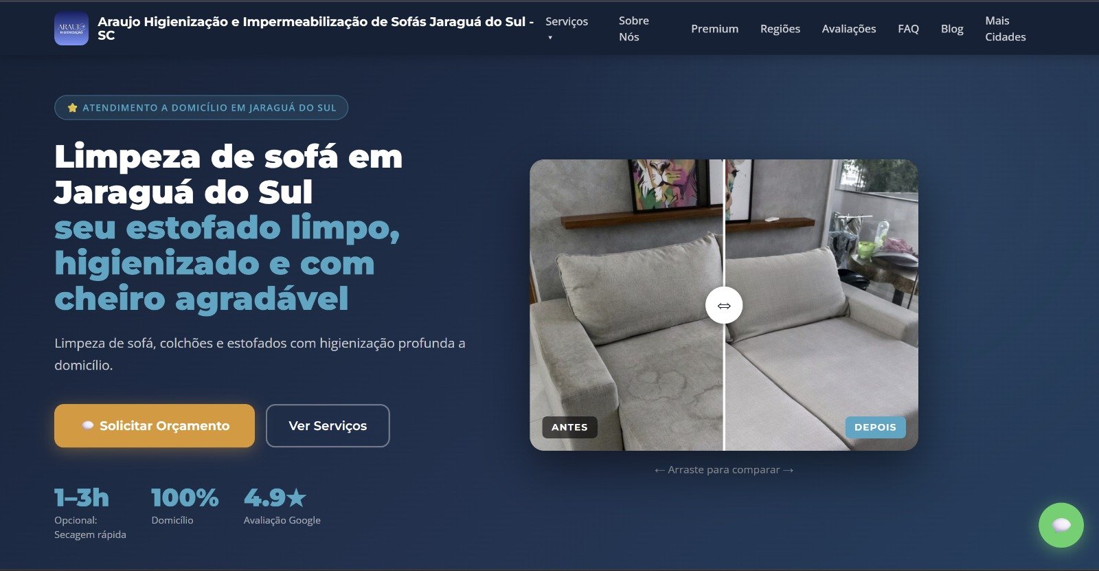 Home do site do Araujo Higienizacao com comparador antes e depois de limpeza de sofa
