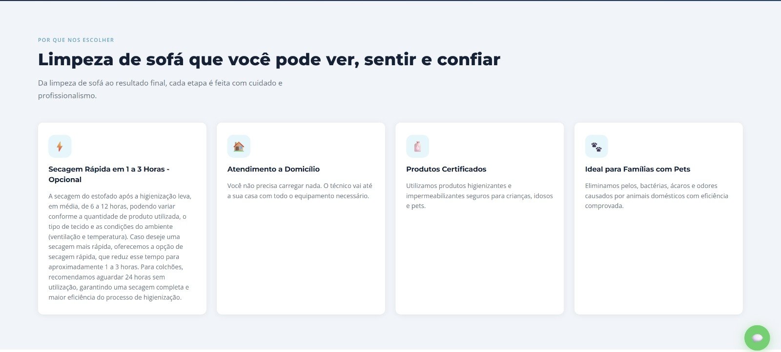 Secao de diferenciais do site do Araujo Higienizacao com quatro cards