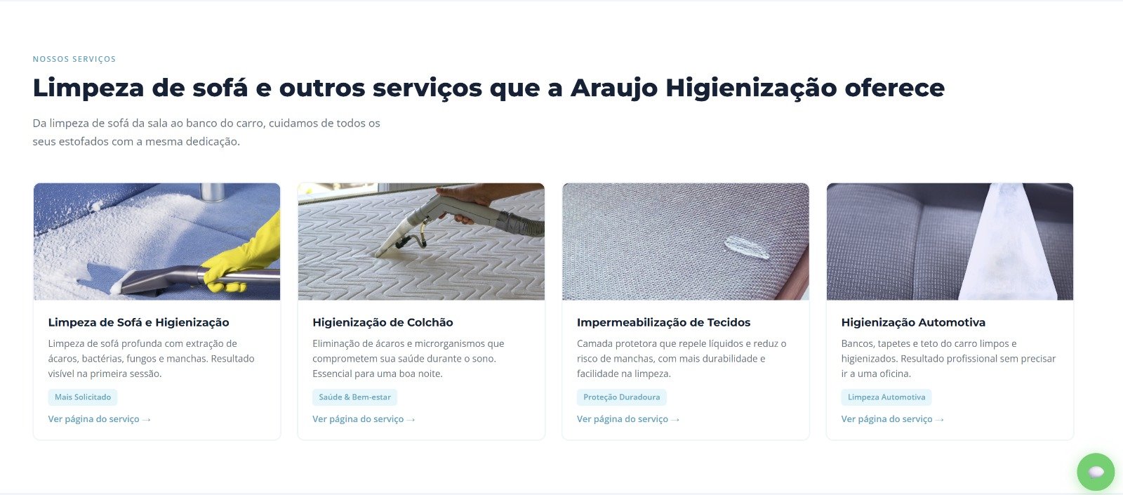 Secao de servicos do site do Araujo Higienizacao, uma pagina por servico