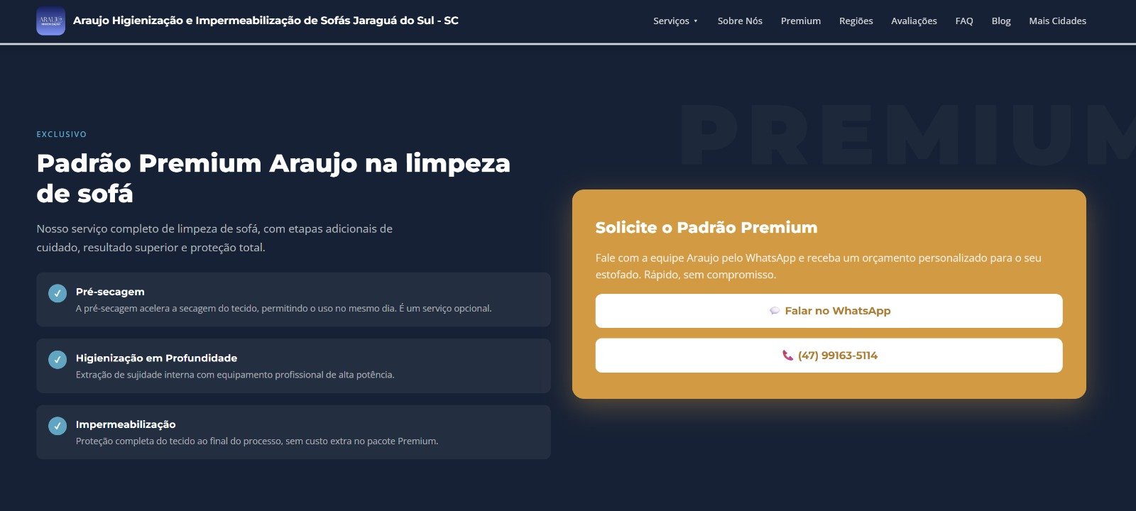 Secao Padrao Premium do site do Araujo Higienizacao com CTA de WhatsApp
