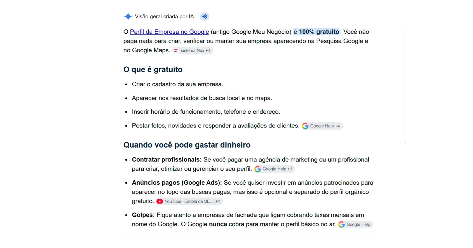 Resposta do Google confirmando que o Perfil da Empresa e gratuito