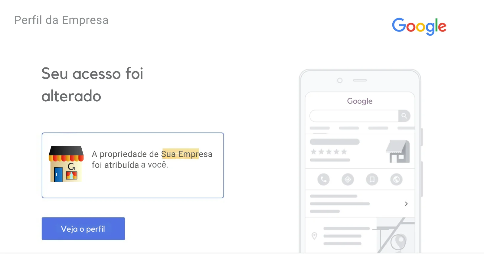 Tela do Google confirmando que a propriedade do perfil foi atribuida a voce